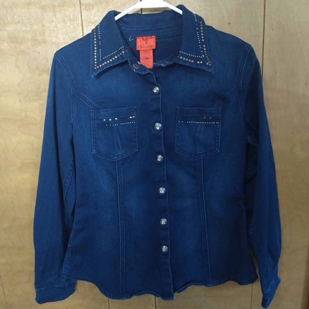 V CRISTINA SIZE SMALL BEADED BLUE SNAP FRONT LONG SLEEVE DENIM SHIRT WESTERN